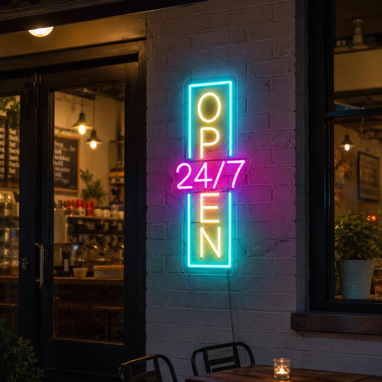 Vertical Open 24 Seven Neon Sign LED Neon Sign real lifestyle scene