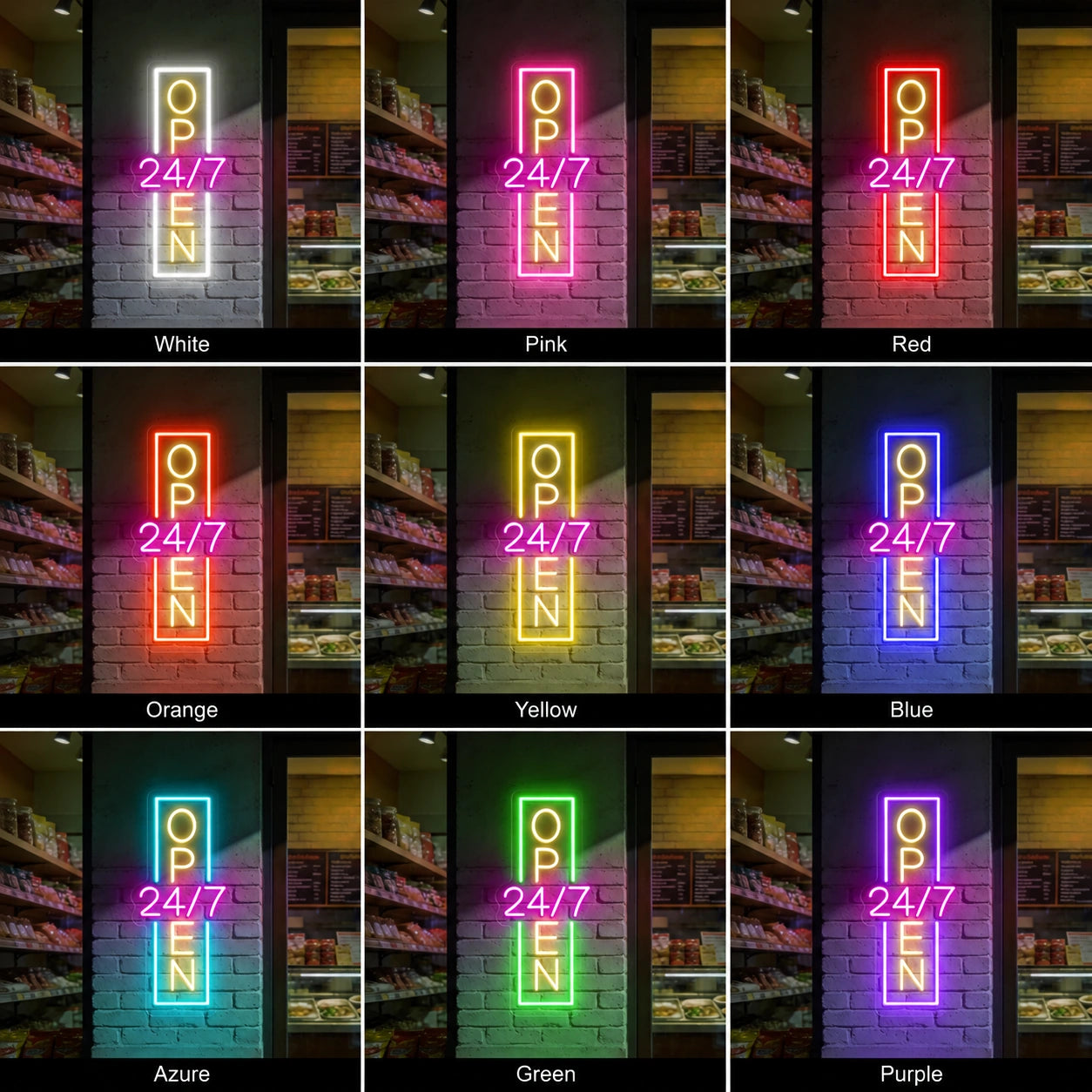 Vertical Open 24 Seven Neon Sign LED Neon Sign color grid