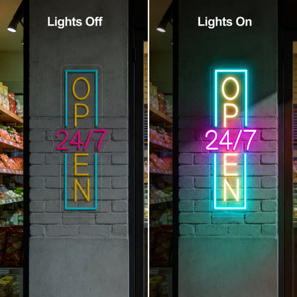 Vertical Open 24 Seven Neon Sign LED Neon Sign day and night comparison