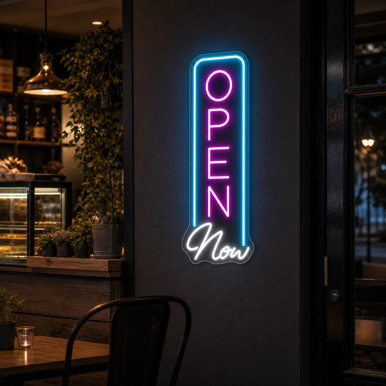 Vertical Open Now LED Neon Sign real lifestyle scene
