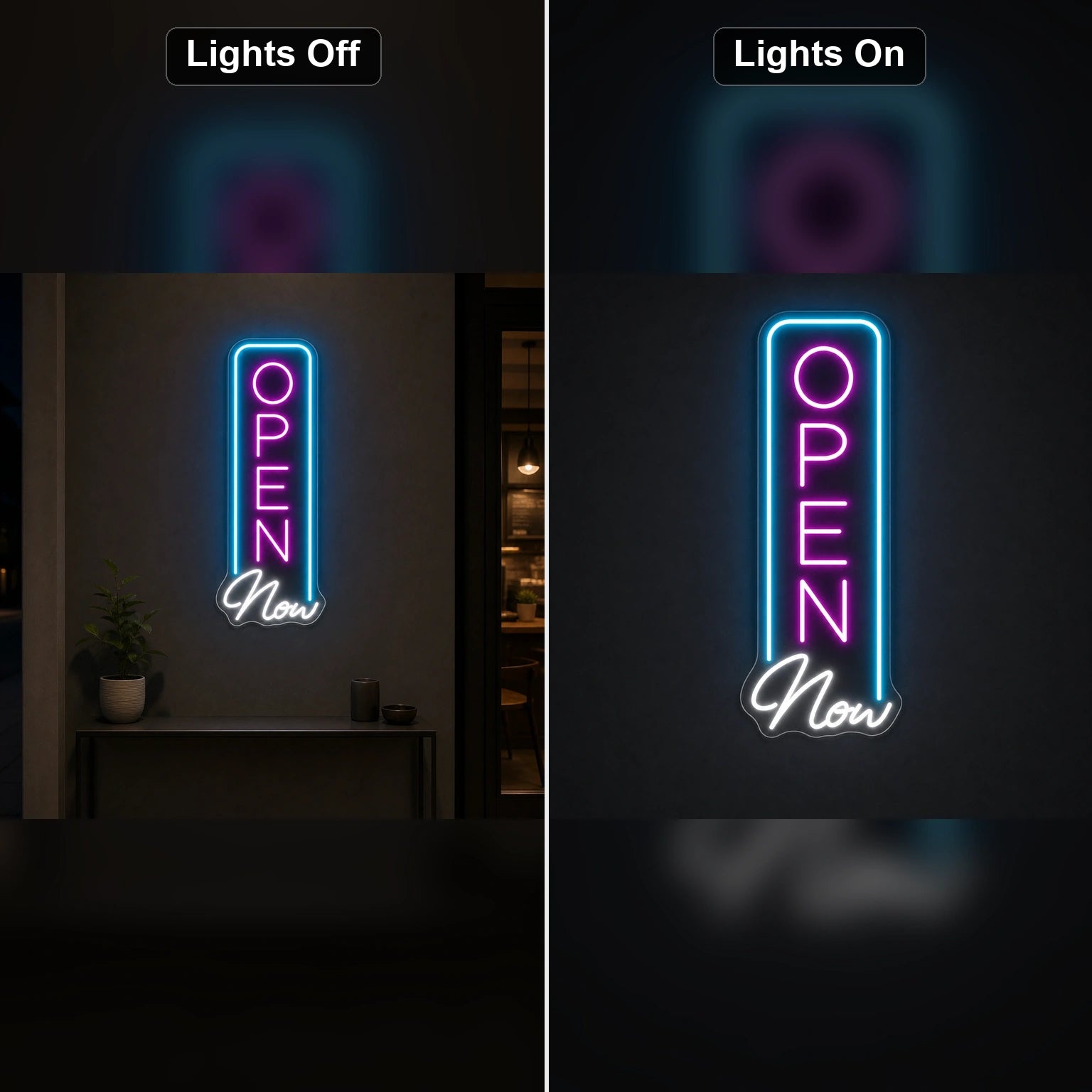 Vertical Open Now LED Neon Sign day and night comparison