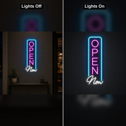 Vertical Open Now LED Neon Sign day and night comparison
