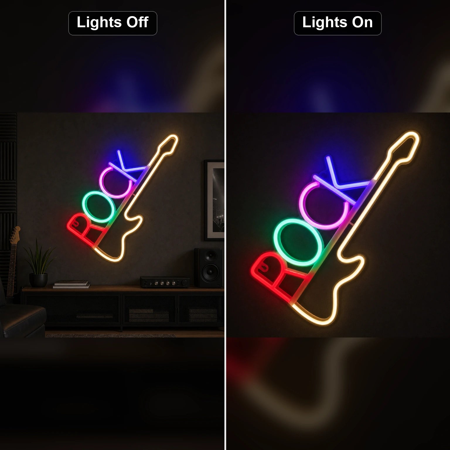 Vertical Rock Text Electric Guitar LED Neon Sign day and night comparison