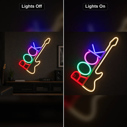 Vertical Rock Text Electric Guitar LED Neon Sign day and night comparison