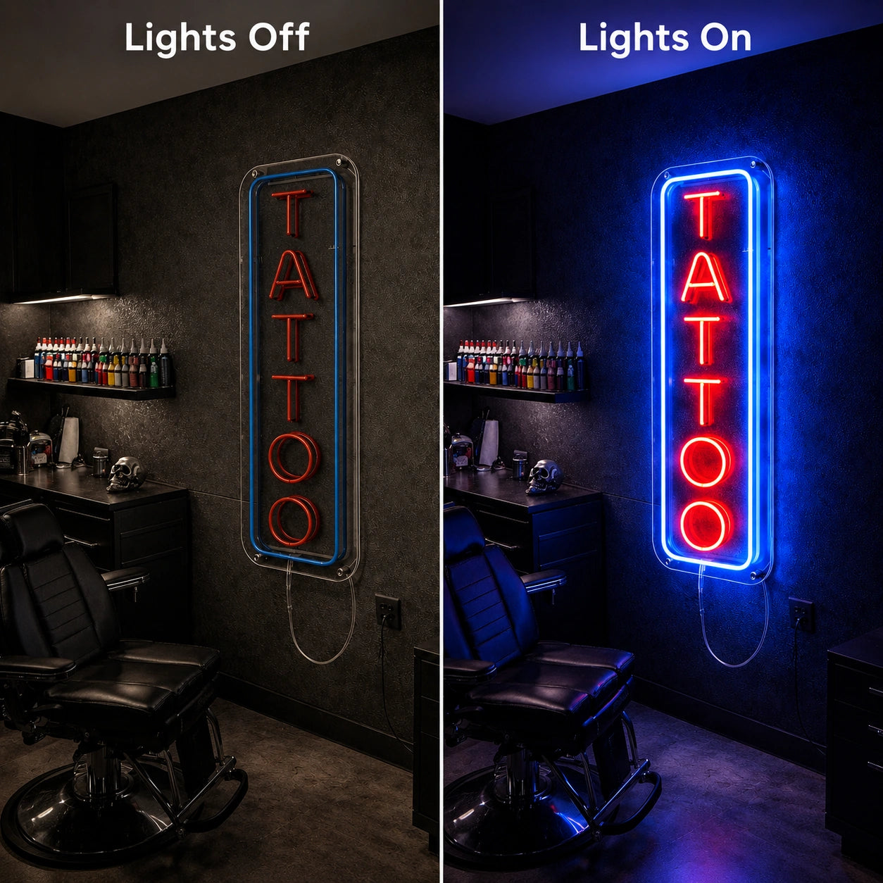 Vertical Tattoo Neon Sign LED Neon Sign day and night comparison