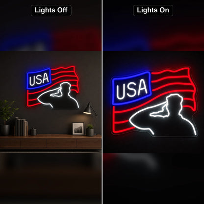 Veterans Day USA Flag LED Neon Sign day and night comparison