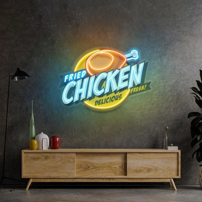 Vibrant Blue-Yellow-Orange Fried Chicken Uv Printed Led Neon Sign For Restaurant Wall Decor | Shineneon