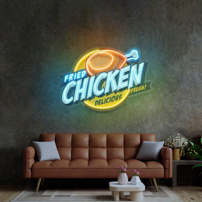 Vibrant Blue-Yellow-Orange Fried Chicken Uv Printed Led Neon Sign For Restaurant Wall Decor | Shineneon