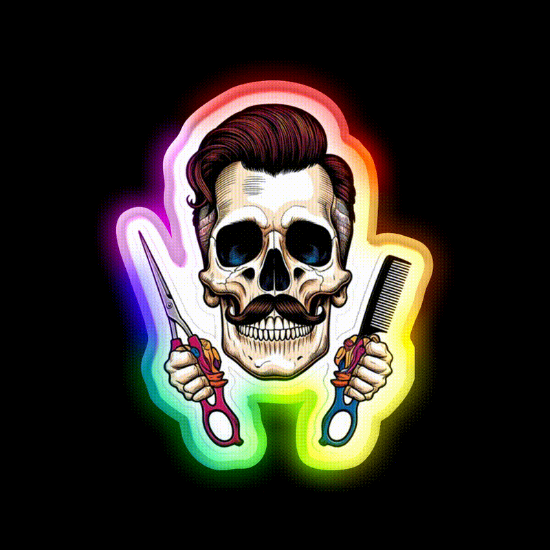 Vintage Barber Skull Pop Art Design Barber Shop Haircut Led Neon Sign - LED neon sign close-up detail