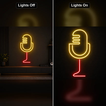 Vintage Broadcast Microphone Stand LED Neon Sign day and night comparison