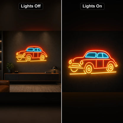 Vintage Car Profile LED Neon Sign day and night comparison