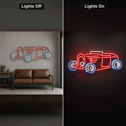 Vintage Hot Rod Side Profile LED Neon Sign day and night comparison