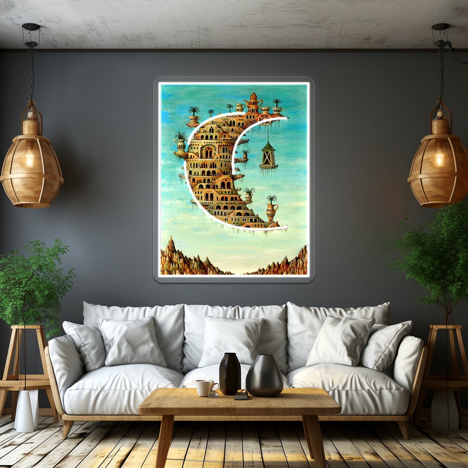 Vintage Living On The Moon Abstract Painting Print Wall Artwork Neon Signs | Shineneon