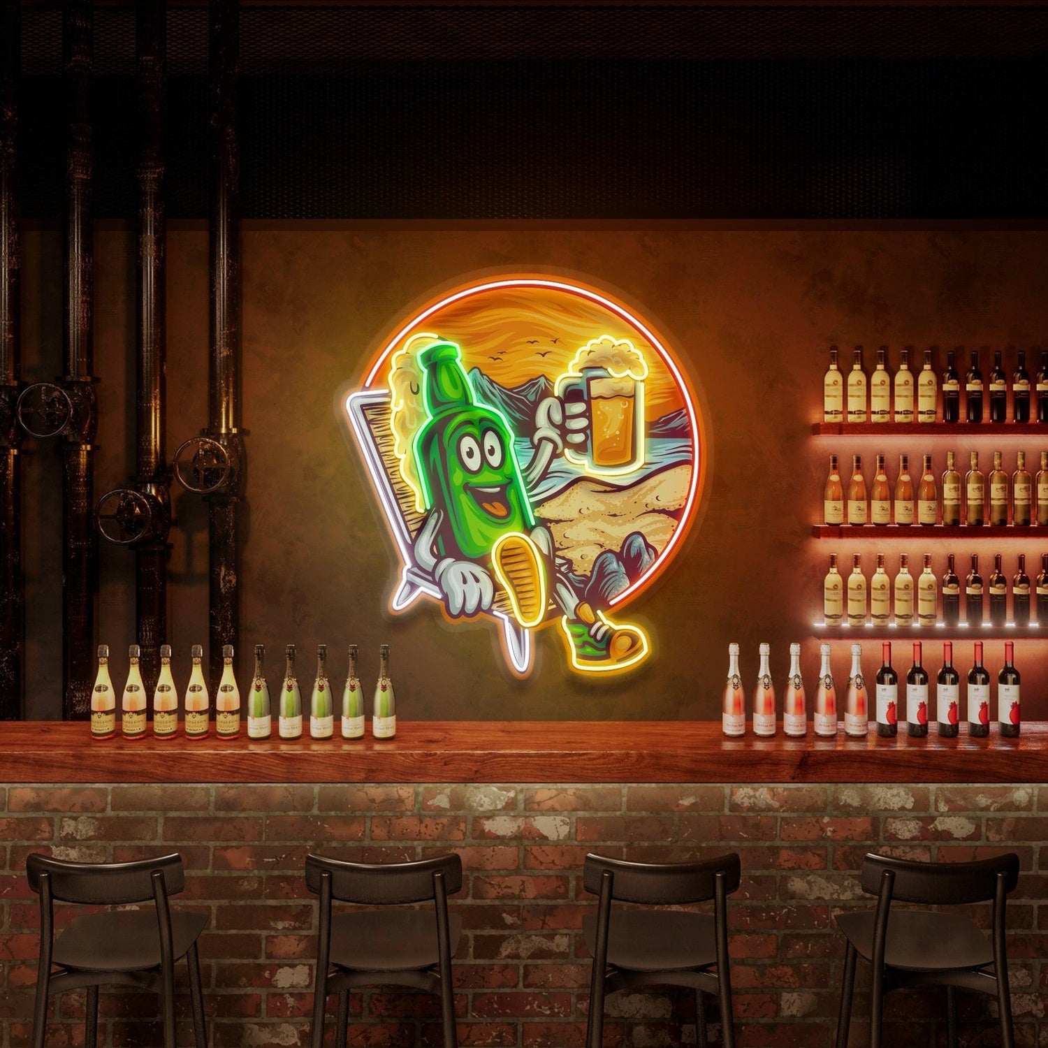 Vintage Summer Cartoon Beer Bottle Bar Uv Printed Led Neon Sign Artwork | Shineneon