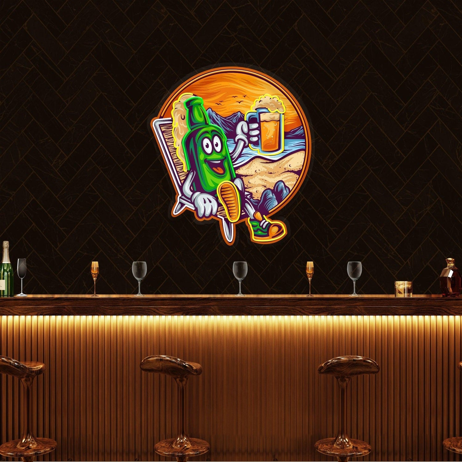 Vintage Summer Cartoon Beer Bottle Bar Uv Printed Led Neon Sign Artwork | Shineneon