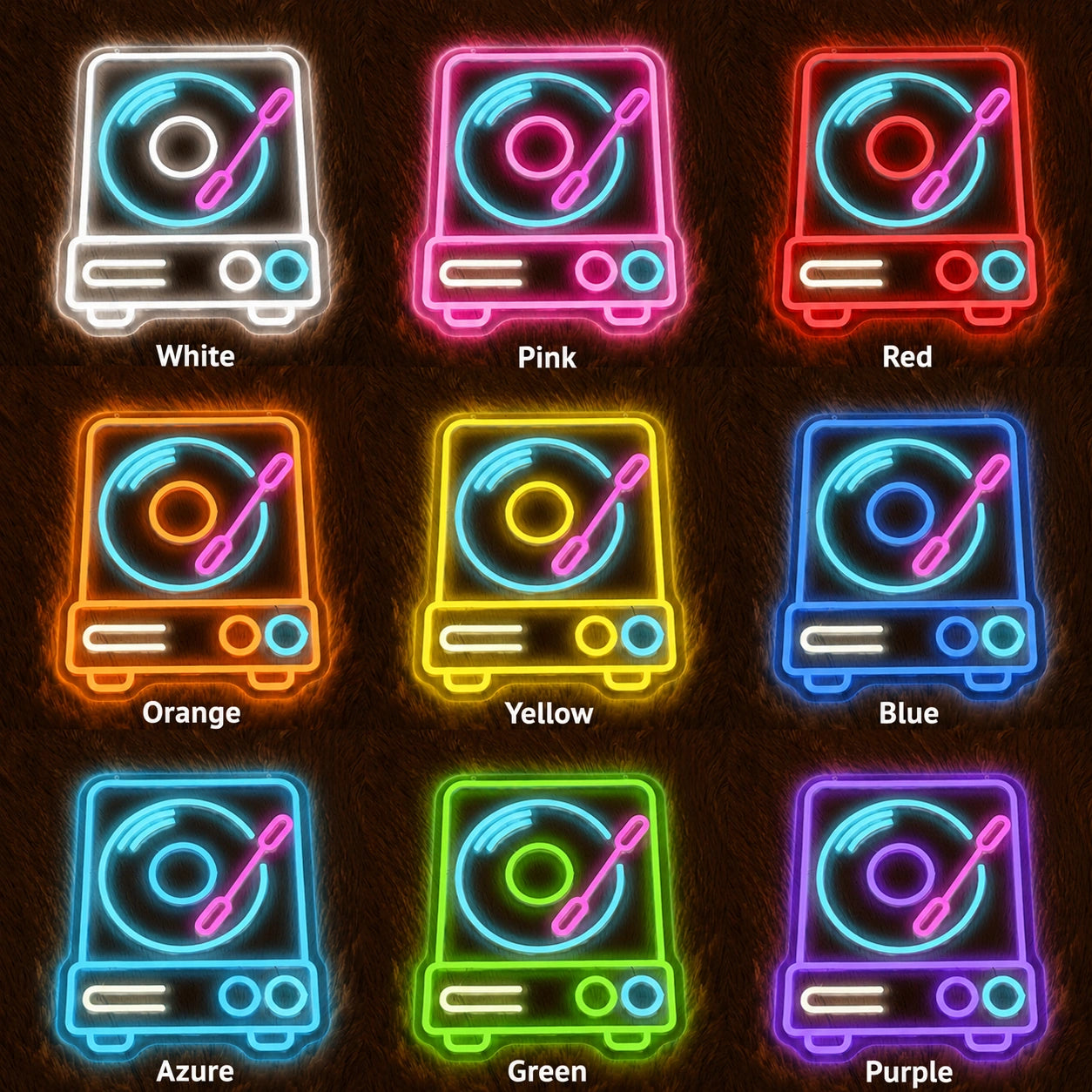 Vinyl Record Player LED Neon Sign day and night comparison