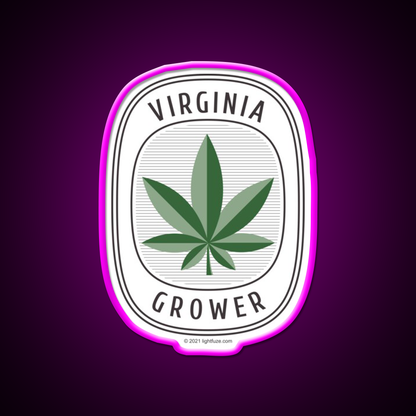 Virginia Grower Retro Label Hemp Inspired Green Leaf Led Neon Sign Rgb Color - Neon sign mounted on wall in room