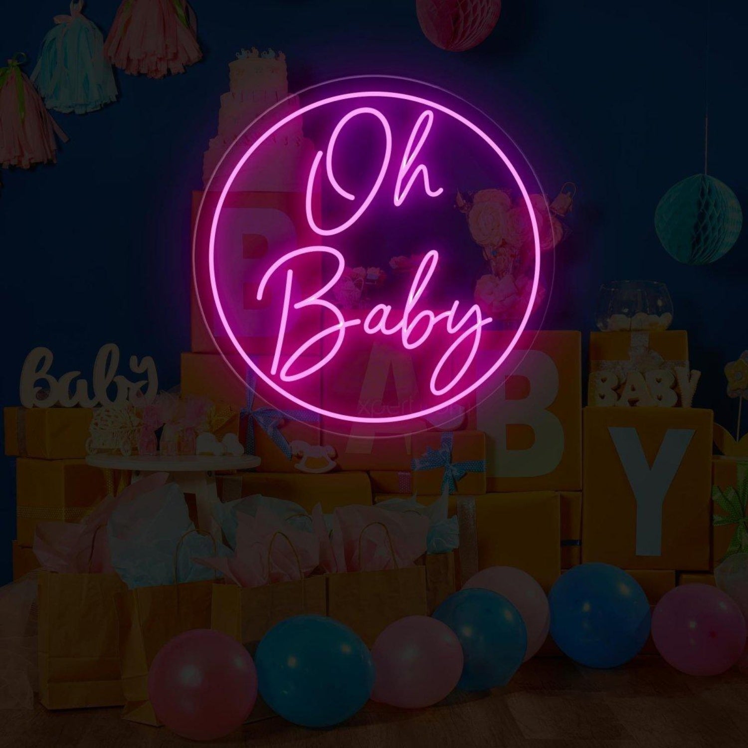 Vivid Pink-Purple Oh Baby Round Led Neon Sign Baby Shower Backdrop Wall Decor | Shineneon