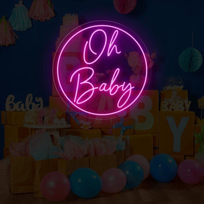 Vivid Pink-Purple Oh Baby Round Led Neon Sign Baby Shower Backdrop Wall Decor | Shineneon