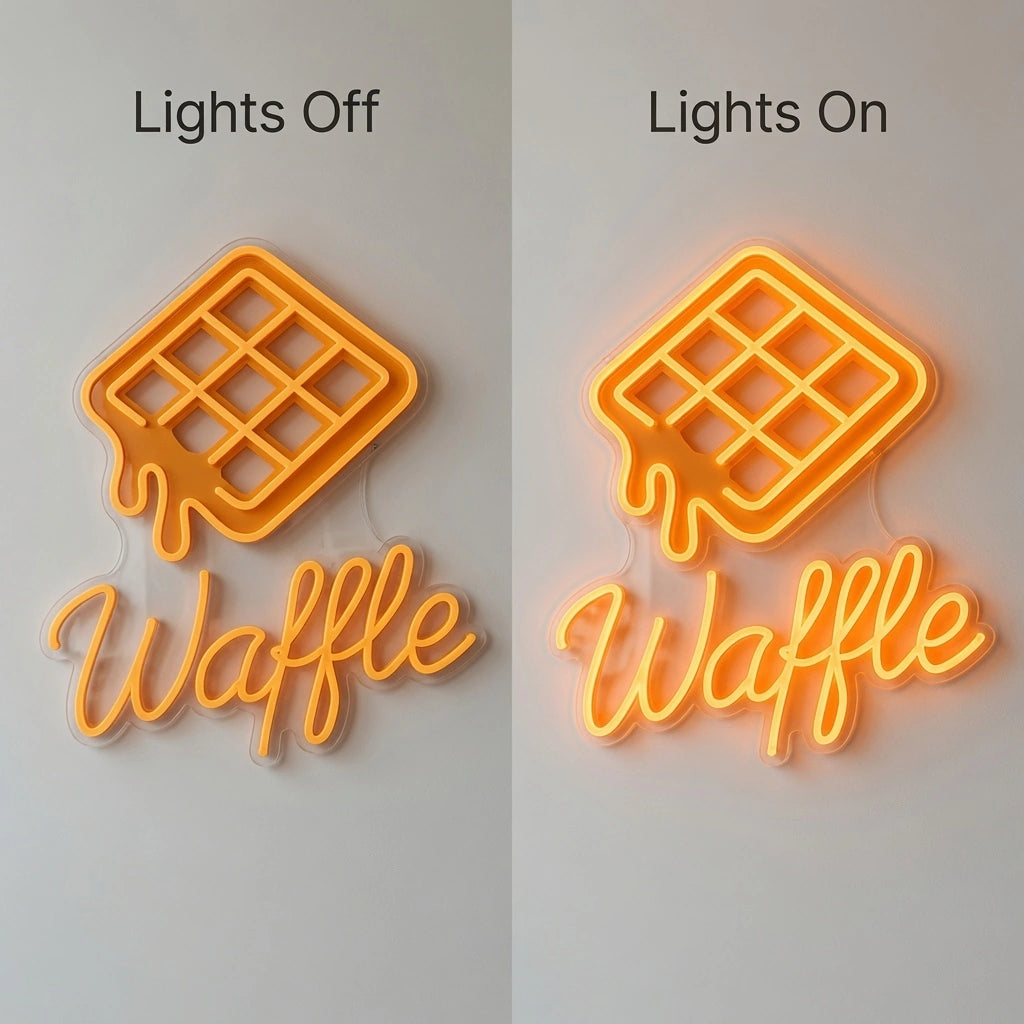 Waffle Business Wall Decor LED Neon Sign - 06 Day Night Comparison