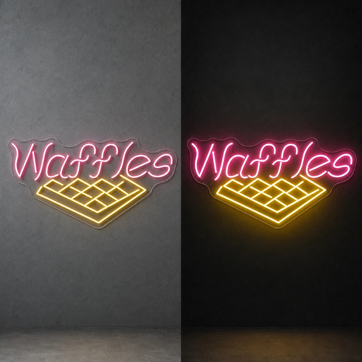 Waffles LED Neon Sign day and night comparison