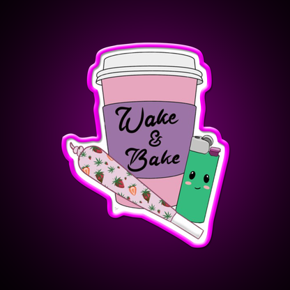 Wake And Bake Hemp Inspired Green Leaf Led Neon Sign Rgb Color - Neon sign mounted on wall in room