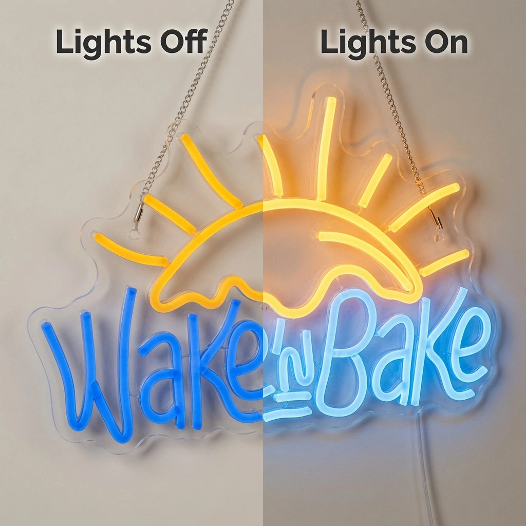 Wake In Bake LED Neon Sign - 06 Day Night Comparison