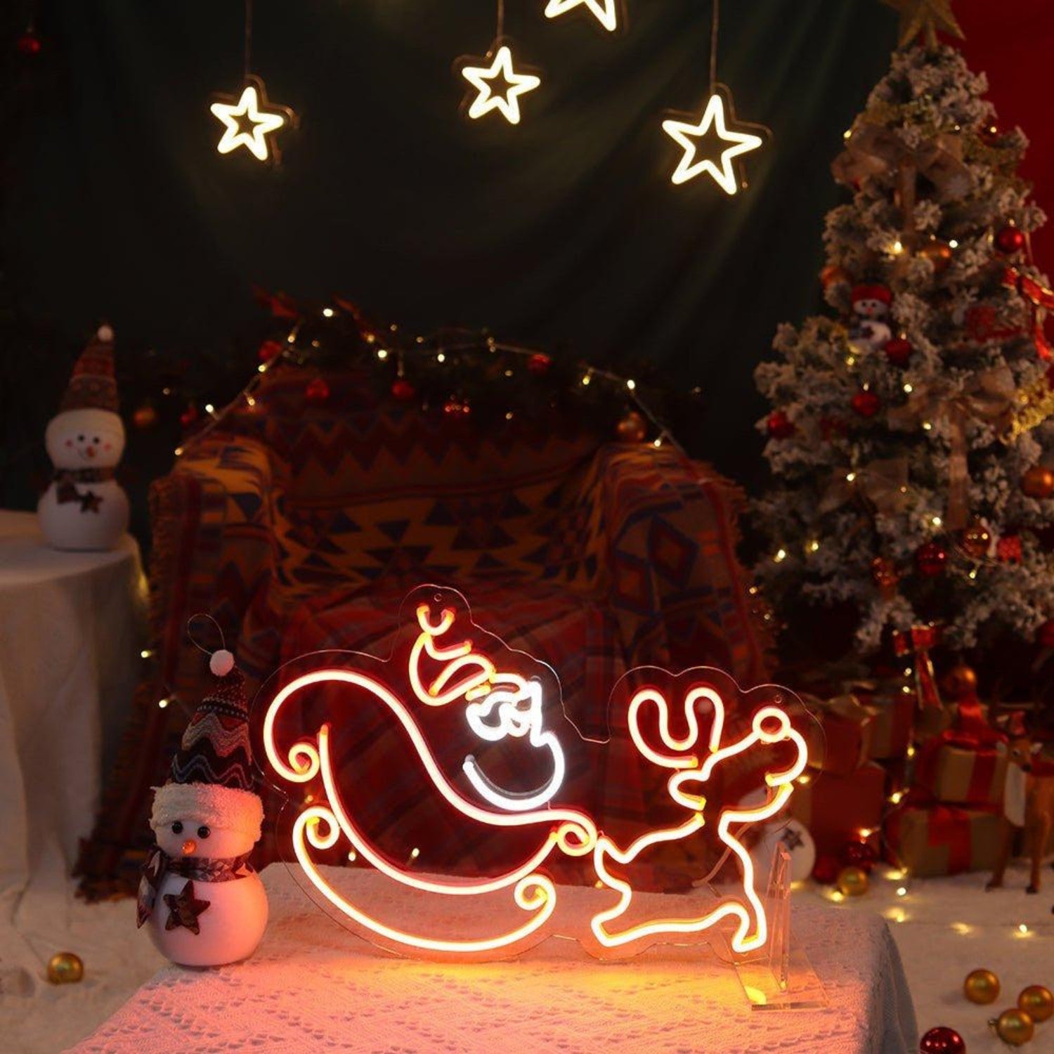 Warm Orange-Yellow Reindeer Sleigh Cartoon Led Neon Sign For Christmas Decor | Shineneon
