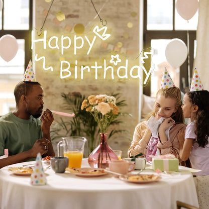 Warm White Happy Birthday Hearts Stars Swirls Led Neon Sign For Indoor Party Decor | Shineneon