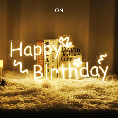 Warm White Happy Birthday Hearts Stars Swirls Led Neon Sign For Indoor Party Decor | Shineneon