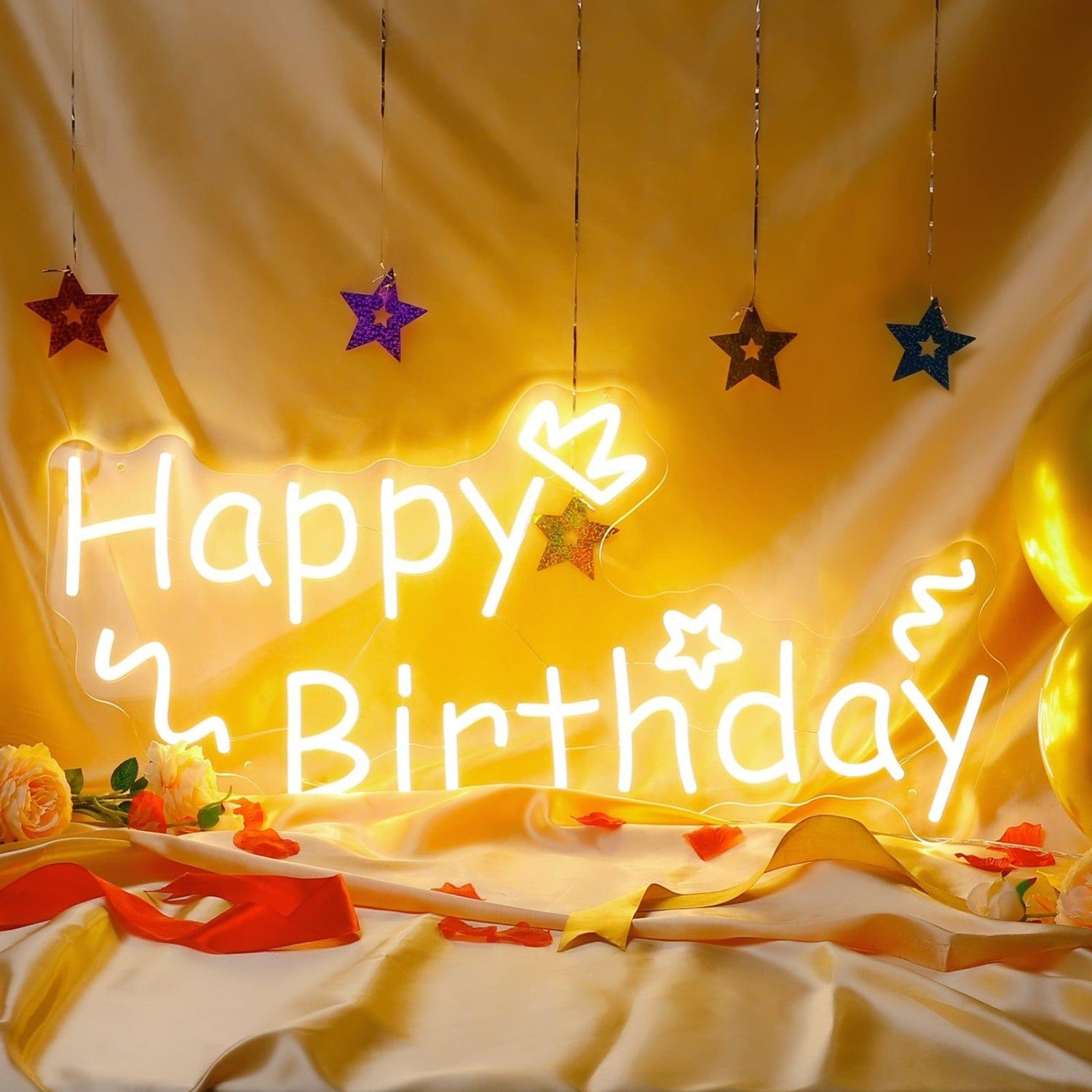 Warm White Happy Birthday Hearts Stars Swirls Led Neon Sign For Indoor Party Decor | Shineneon