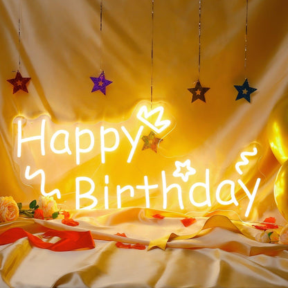 Warm White Happy Birthday Hearts Stars Swirls Led Neon Sign For Indoor Party Decor | Shineneon