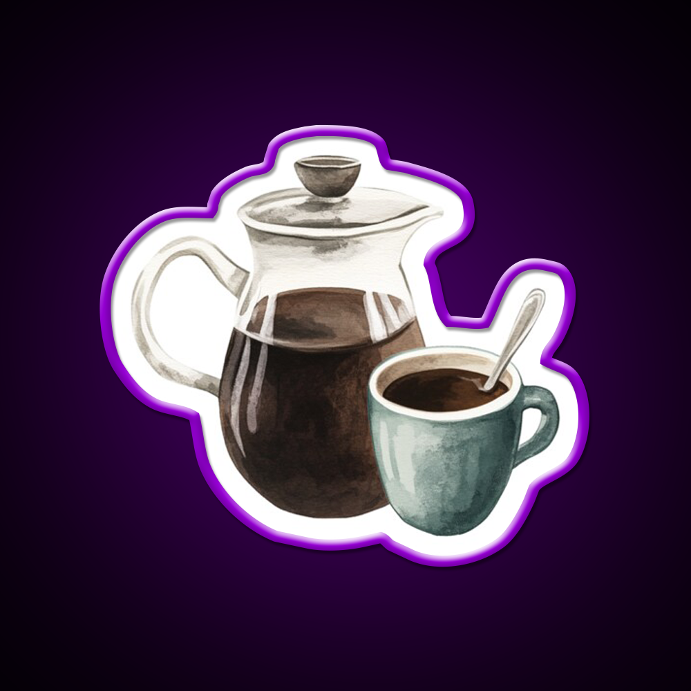 Watercolor French Press And Coffee Mug Cafe Led Neon Sign Espresso Bar Art Rgb Color