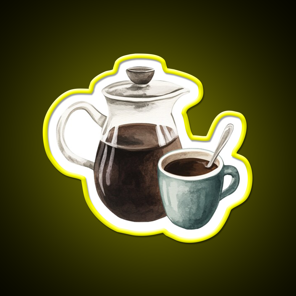 Watercolor French Press And Coffee Mug Cafe Led Neon Sign Espresso Bar Art Rgb Color