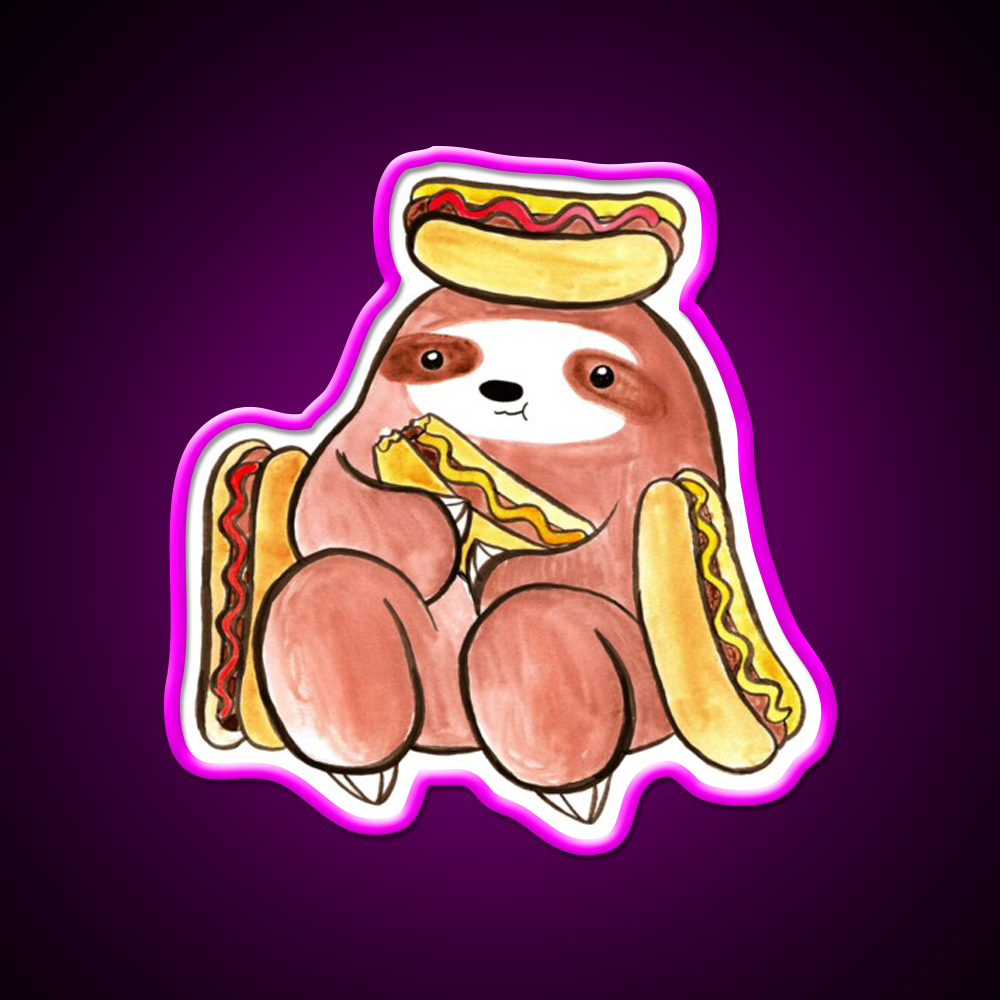 Watercolor Sloth Eating Hotdogs Fast Food Led Neon Sign For Burger Place Rgb Color