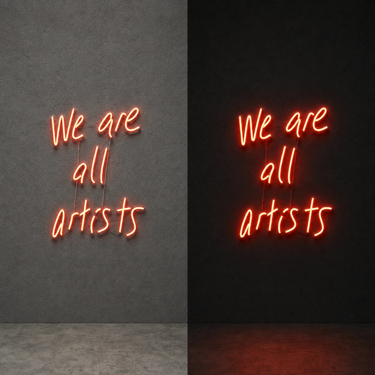 We Are All Artists Wall Decor LED Neon Sign day and night comparison