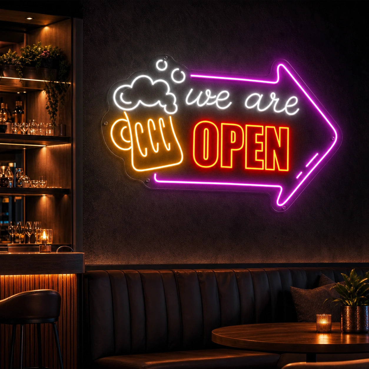 We Are Open Beer Mug Arrow LED Neon Sign high-converting product image