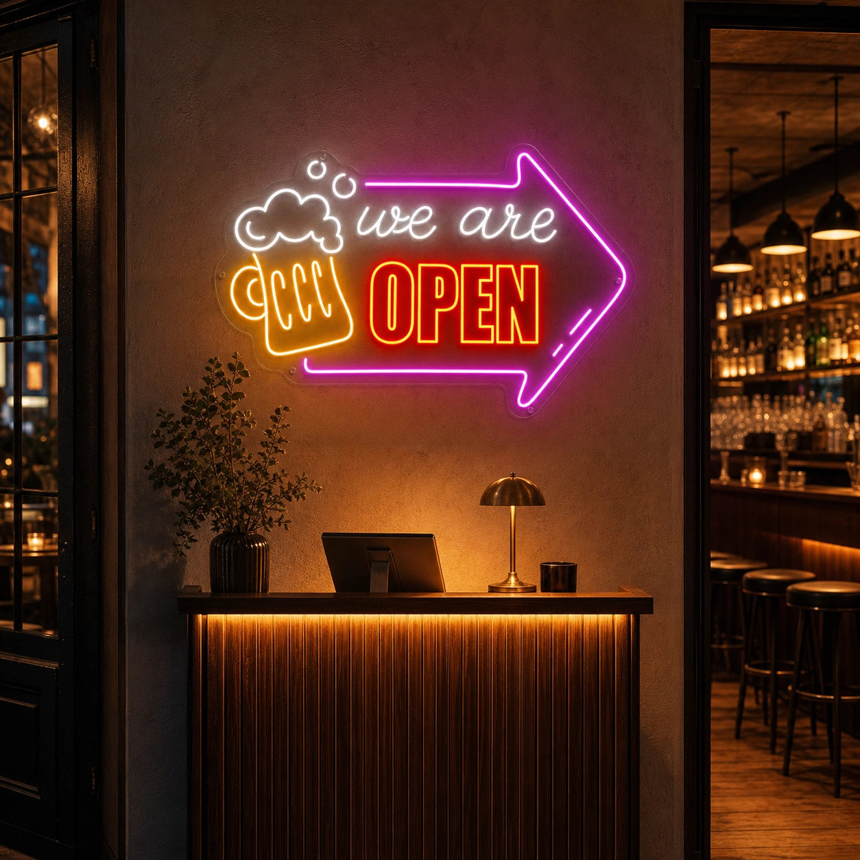 We Are Open Beer Mug Arrow LED Neon Sign real lifestyle scene