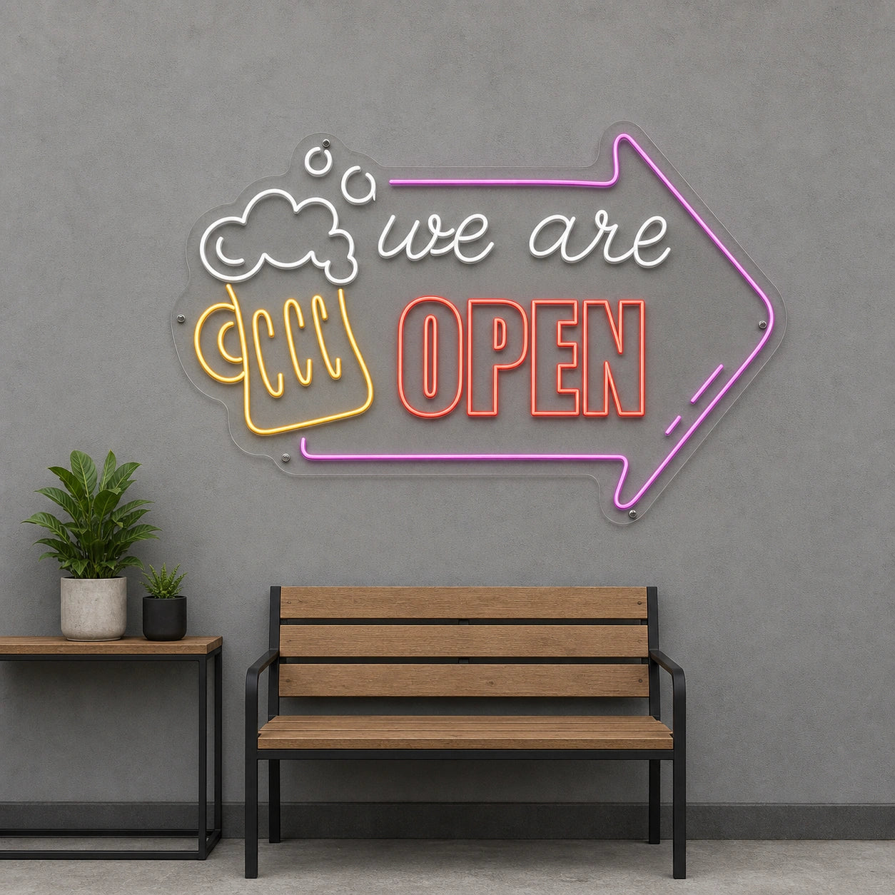 We Are Open Beer Mug Arrow LED Neon Sign size image