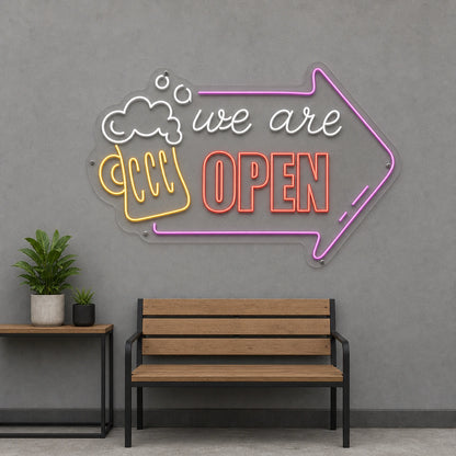 We Are Open Beer Mug Arrow LED Neon Sign size image