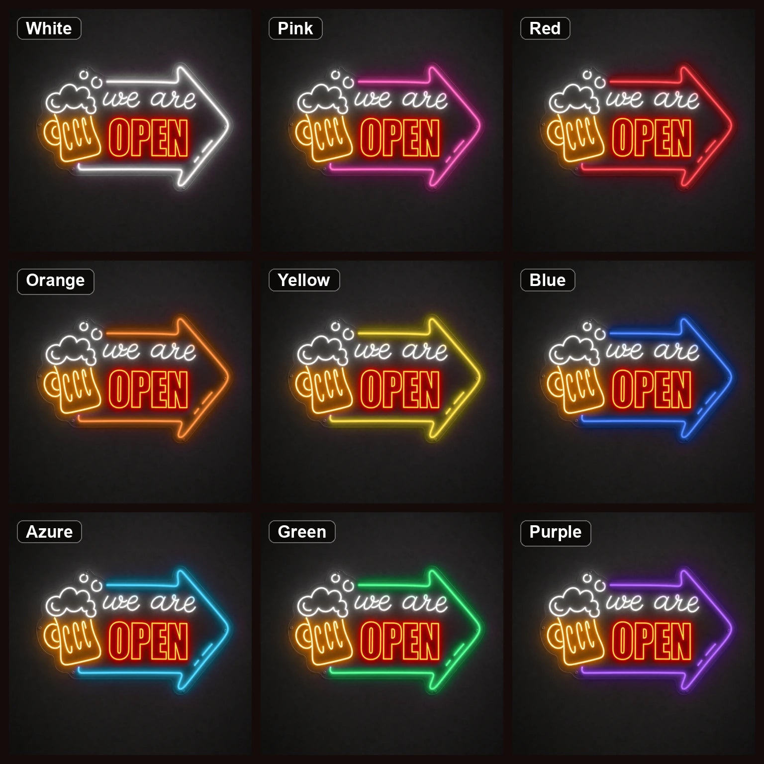 We Are Open Beer Mug Arrow LED Neon Sign color grid