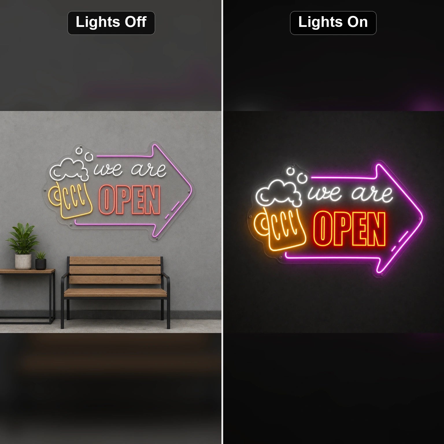 We Are Open Beer Mug Arrow LED Neon Sign day and night comparison