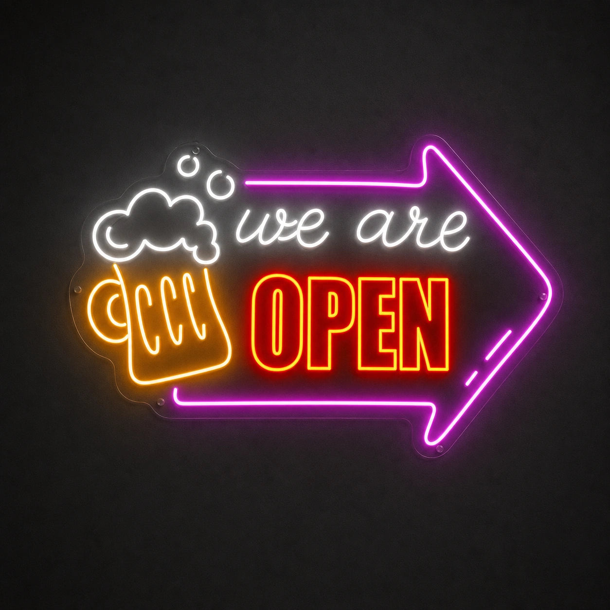 We Are Open Beer Mug Arrow LED Neon Sign main product image