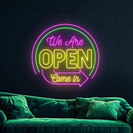 We Are Open Come In Direction Arrow Right Neon Sign