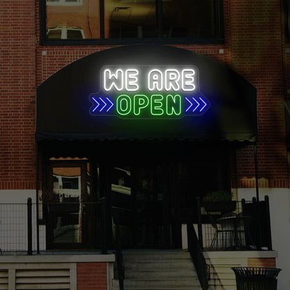 We Are Open Multicolor Sign With Horizontal Arrow | Shineneon