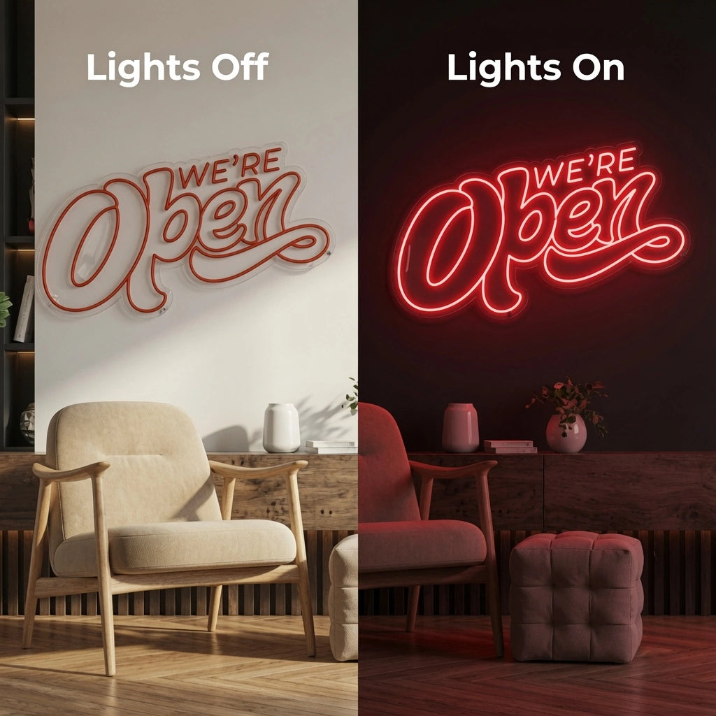 We Re Open Business LED Neon Sign - 06 Day Night Comparison