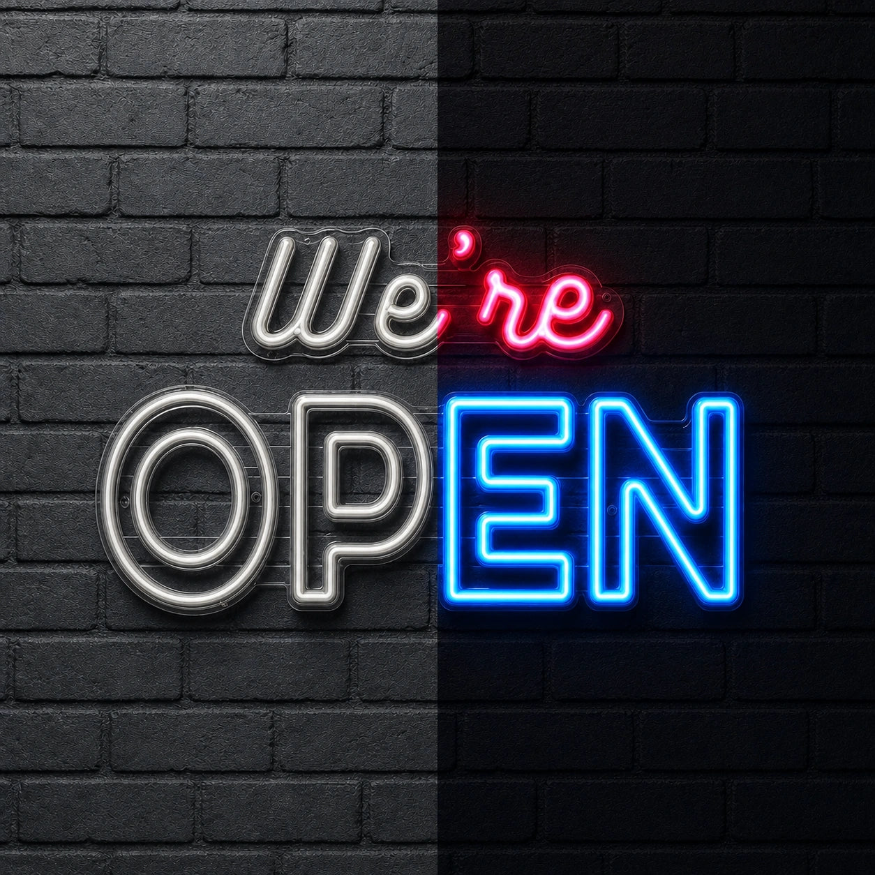We Re Open LED Neon Sign day and night comparison