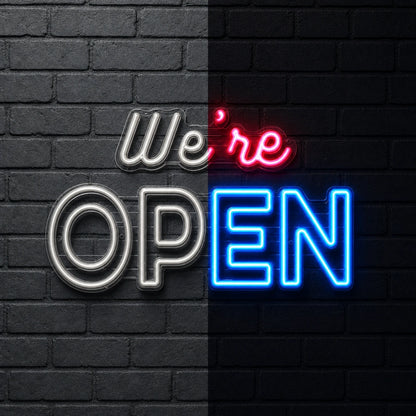 We Re Open LED Neon Sign day and night comparison