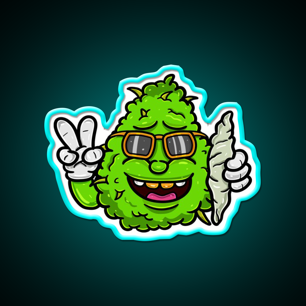 Weed Bud Cartoon With Glass And Bring Cigarette Green Leaf Led Neon Sign Rgb Color - Size and dimension reference