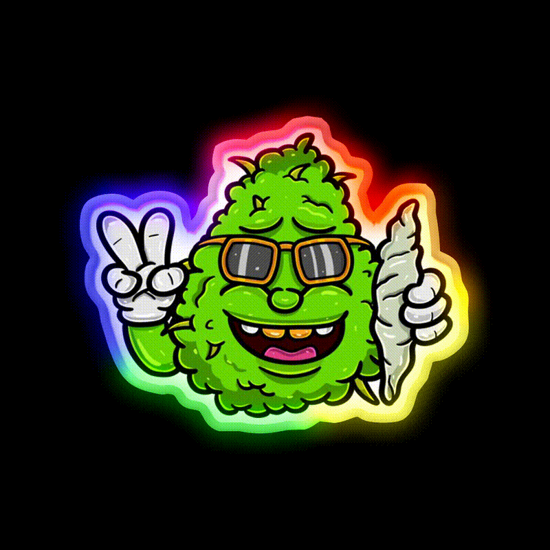 Weed Bud Cartoon With Glass And Bring Cigarette Green Leaf Led Neon Sign Rgb Color - LED neon sign close-up detail